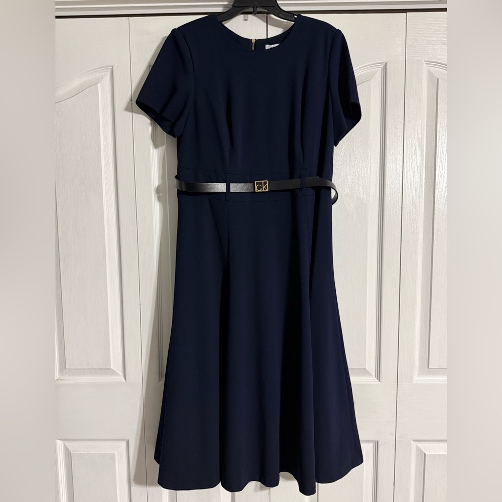 Calvin Klein Navy Dress with Black Belt